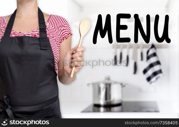 Menu cook holding wooden spoon background.. Menu cook holding wooden spoon background