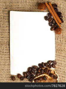 Menu Design.Old paper, coffee bean, cinnamon, lemon, burlap.