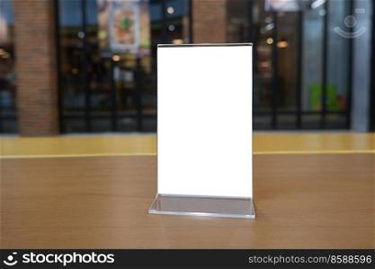 Menu frame standing on wood table in Bar restaurant cafe. space for text marketing promotion - Image