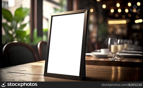 Menu mack up blank for text marketing promotion. Mock up Menu frame standing on wood table in restaurant space for text
