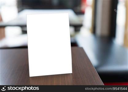 Menu mock up blank for text marketing promotion. Mock up Menu frame standing on wood table in restaurant space for text