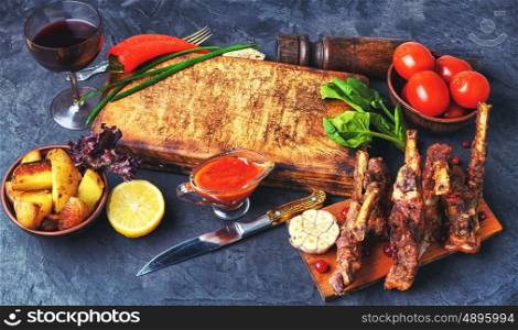 Menu of roast rib of sheep,potatoes,gravy and vegetables