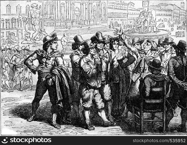 Meo Patacca listening an improviser on the Piazza Navona, vintage engraved illustration. Magasin Pittoresque 1857.