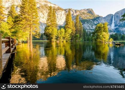 Merced River and Yosemite Falls landscape in Yosemite National Park. California, USA.