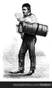 Merchant of fresh water, vintage engraved illustration. Magasin Pittoresque 1878.