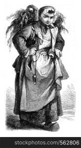 Merchant of oysters, vintage engraved illustration. Magasin Pittoresque 1869.