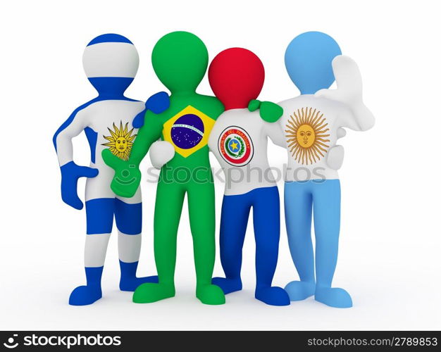 Mercosur. People in color of national flag of Brazil, Argentina, Uruguay, Paraguay. 3d