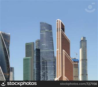 Mercury Tower and others in Moscow International Business Center (Moscow-City) on blue sky background, Moscow, Russia