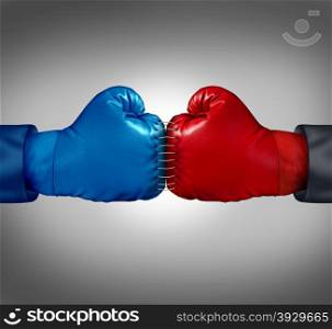 Merge powers business concept as two boxing gloves sewed and stitched together with thread as a metaphor for competitors joining forces for a united fight to win market share and financial dominance working together.