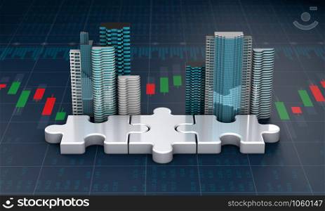 merger and acquisition business concept, join company on puzzle pieces, 3d rendering
