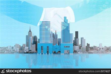 merger and acquisition business concept, join company on puzzle pieces and handshake, 3d render