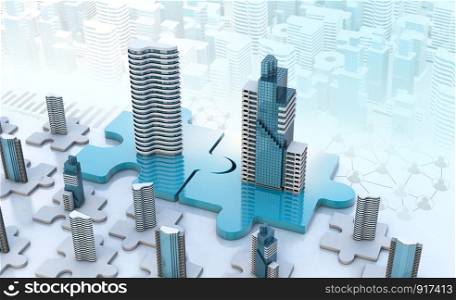 merger and acquisition business concepts, join company on puzzle pieces, 3d render