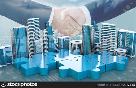 merger and acquisition business concepts, join company on puzzle pieces and handshake, 3d render