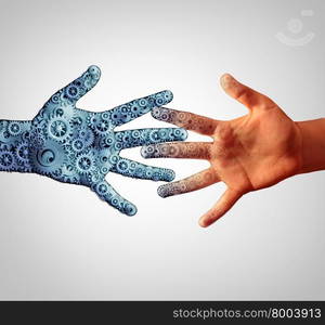 Merging with technology with man and machine coming together and merging into one as a technological concept of human computer engineering joining together with the intelligence of people.