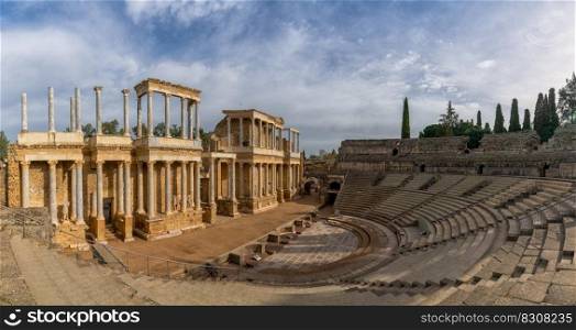 Merida, Spain -- 28 March, 2022  panorama view of the Roman&hitheater in historic Merida