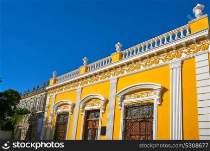 Merida yellow facade in Paseo Montejo of Yucatan in Mexico