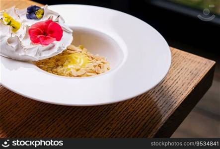 meringue on plate and almonds with vanilla custard