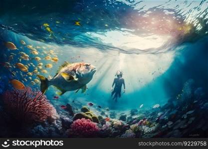 Mermaid girl swims underwater among the fish. Neural network AI generated art. Mermaid girl swims underwater among the fish. Neural network AI generated