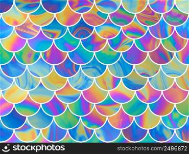 Mermaid scales. Bright unique vivid iridescent fish scales design pattern background.