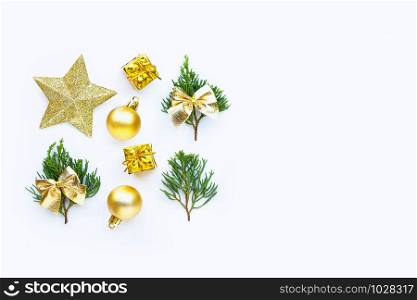 Merry Christmas and Happy Holidays, Christmas composition. gifts, pine branches and decorations on white background. Copy space