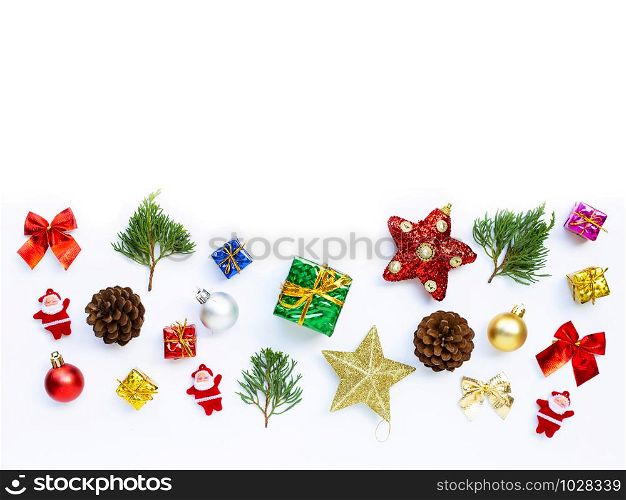 Merry Christmas and Happy Holidays, Christmas composition. gifts, pine branches and decorations on white background.