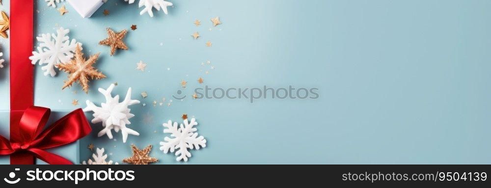 Merry Christmas and Happy Holidays greeting card, banner. Snowflakes and Christmas gifts on a blue background