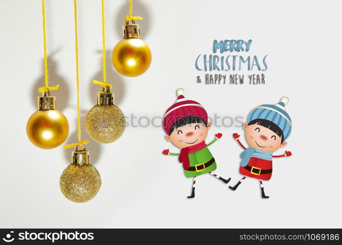 Merry Christmas and happy holidays with balls ornaments. Christmas kid traditions.