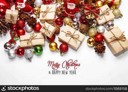 Merry Christmas and happy holidays xmas gifts. Baubles, presents, candy with christmas ornaments. Top view. Christmas family traditions on white background