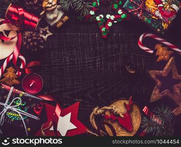 Merry Christmas and Happy New Year 2020. Beautiful card with Christmas decorations. View from above, close-up, flat lay. Congratulations to loved ones, family, relatives, friends and colleagues. Merry Christmas. Happy New Year. Beautiful card