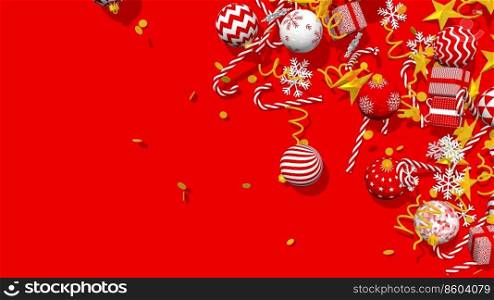 Merry Christmas and Happy New Year 3D Rendering, Christmas Balls, Gift Boxes, Candies, Stars, Snow Pattern and Confetti Isolated on Floor