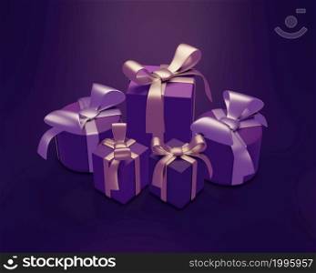 Merry Christmas and Happy New Year. Background with realistic festive gifts box. Xmas present. 3D Render. 3D Render Merry Christmas and Happy New Year. Background with realistic festive gifts box. Xmas present.