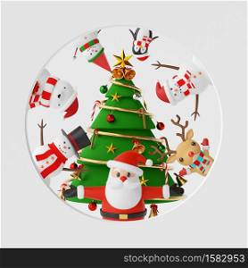 Merry Christmas and Happy New Year, Banner background of Christmas tree with cute Christmas character on white background, 3d rendering