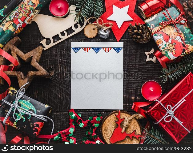 Merry Christmas and Happy New Year. Beautiful card with American flag pattern. View from above, close-up, flat lay. Congratulations to loved ones, family, relatives, friends and colleagues. Merry Christmas and Happy New Year. Flat lay.