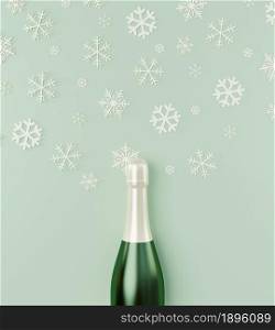 Merry Christmas and Happy New Year, Champagne bottle with white snowflakes on green pastel background, Minimal decorated Christmas, Winter snow party holiday season, 3D rendering illustration