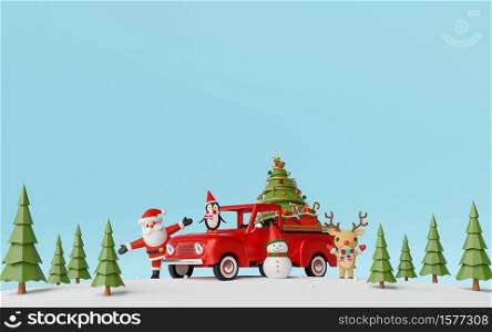 Merry Christmas and Happy New Year, Christmas truck with Santa Claus and friends in pine forest, 3d rendering