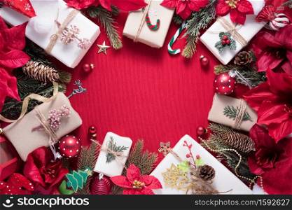 Merry Christmas and Happy New Year decoration for celebration on red cloth background with copy space.