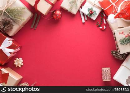 Merry Christmas and Happy New Year decoration for celebration on red paper background with copy space.