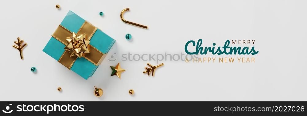 Merry Christmas and Happy New Year decoration props and ornament on white background. Holiday festival and winter concept. 3D illustration rendering.