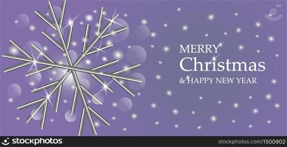 Merry Christmas and Happy New Year greeting card. Grey background with glows, shining sparkles, 3d metal snowflake. Xmas horizontal banner for headers, flyer, website.. Merry Christmas and Happy New Year greeting card. Grey background with glows, shining sparkles, 3d metal snowflake.