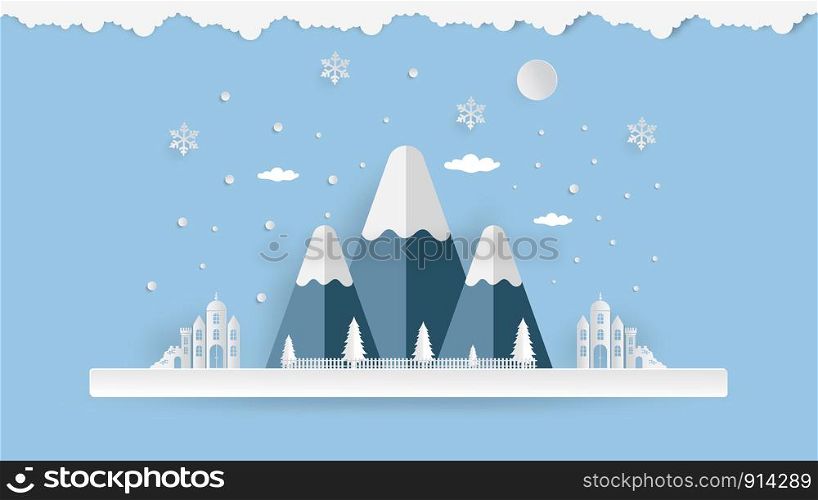Merry Christmas and Happy New Year. Illustration of Mountain on the sky coming to City ,paper art and digital craft style