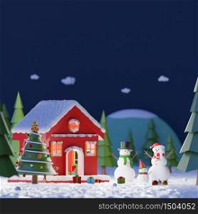 Merry Christmas and Happy New Year, Landscape of Snowman playing snow outside the red house in a pine forest at the midnight, Copy space, 3d rendering