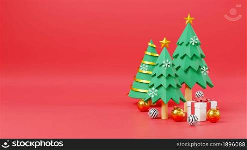 Merry Christmas and Happy New Year on red background space for text, Decorated Christmas tree with star, gift boxes and balls in cartoon style, Winter holiday season icon, 3D rendering illustration