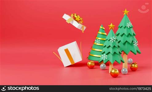 Merry Christmas and Happy New Year on red background space for text, Decorated Christmas tree, open cover gift boxes and balls in cartoon style, Winter holiday season icon, 3D rendering illustration