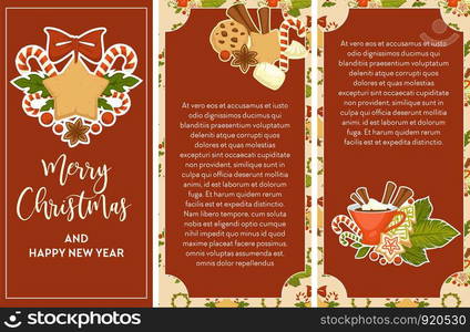 Merry Christmas and happy New Year poster with text vector. Symbols of winter holidays, gingerbread cookies in shape of star, cinnamon sticks and cup with hot beverage. Candy stick and mistletoe. Merry Christmas and happy New Year poster with text