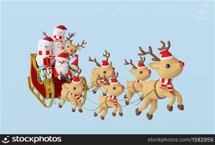 Merry Christmas and Happy New Year, Santa Claus and friend in a sleigh pulled by reindeer, 3d rendering