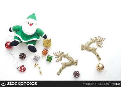 Merry Christmas and Happy New Year. Santa Claus and ornaments isolated on white background