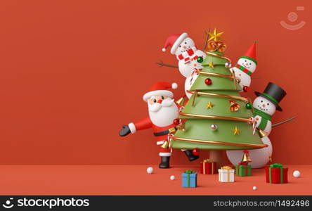 Merry Christmas and Happy New Year, Santa Claus and snowman in a Christmas party with Christmas tree, ornaments on red copy space background, 3d rendering