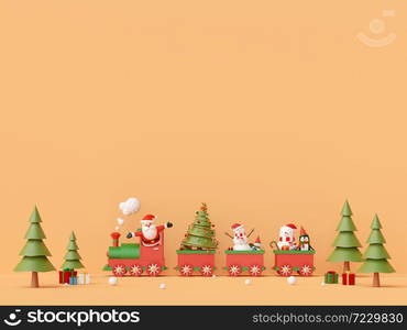 Merry Christmas and Happy New Year, Santa Claus and Snowman on Christmas train with gifts with copy space, 3d rendering