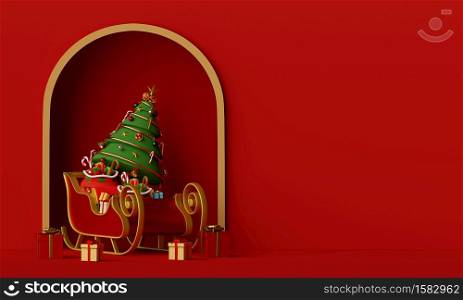 Merry Christmas and Happy New Year, Santa Claus sleigh with Christmas tree full of gift box, 3d rendering