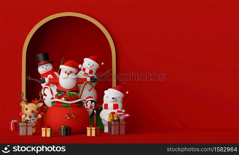 Merry Christmas and Happy New Year, Scene of Santa Claus and friends with copy space, 3d rendering